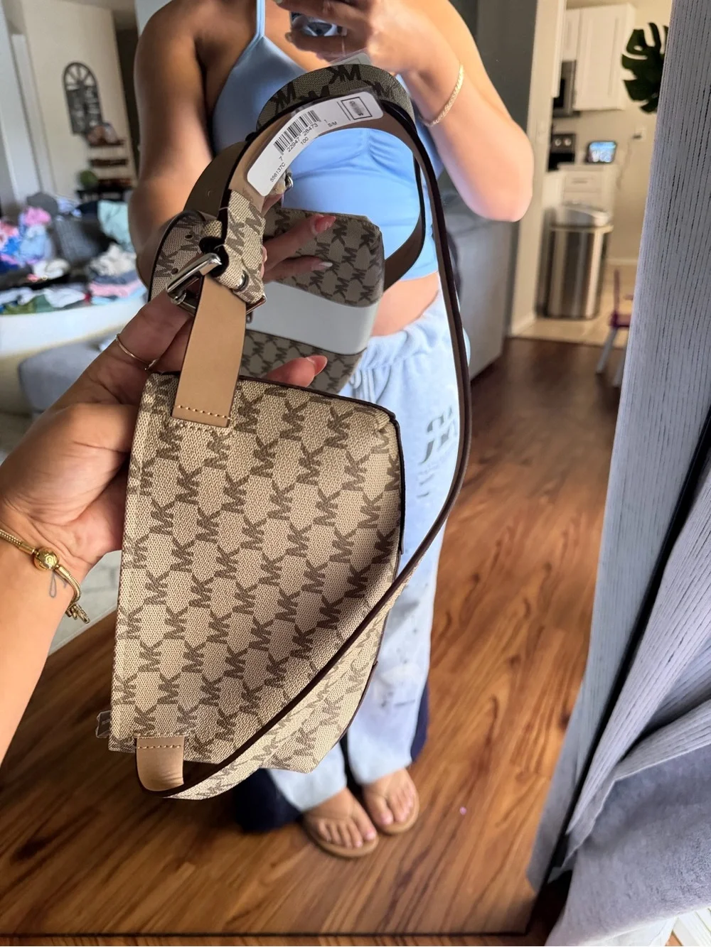 Michael Kors Beige Signature Logo FANNY PACK with White Center Panel
